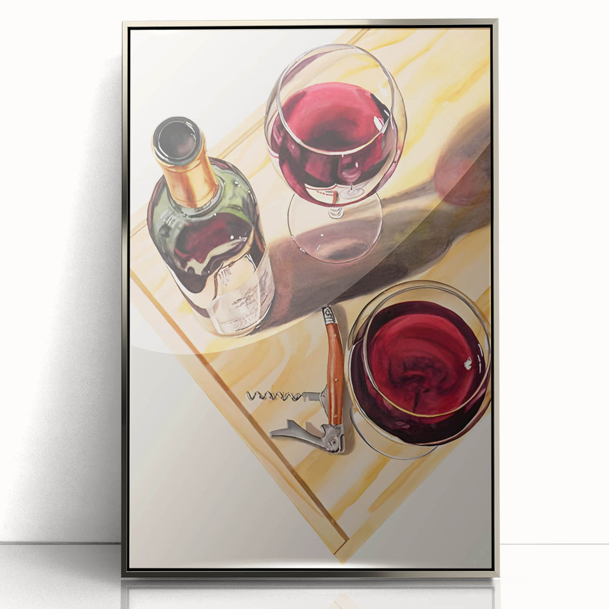 Large art print of assorted fruits and vegetables in bold colors on a silver-framed acrylic, ideal for modern kitchen decor.