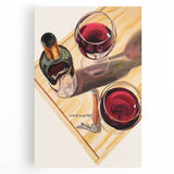 Black and white stretched canvas featuring an assortment of drinks and foods, ideal for kitchen wall art.