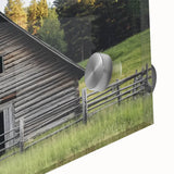 Close-up of a landscape barn design printed on acrylic glass, showcasing vibrant colors and intricate details, perfect for home or office decor.