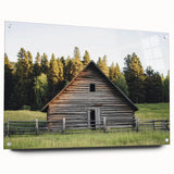 Acrylic glass landscape artwork showcasing a rustic barn design from a side view, mounted with decorative pins. Ideal for farmhouse decor enthusiasts seeking unique home accents.