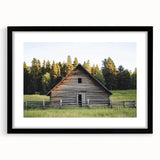 Black-framed barn landscape design showcasing a scenic view with a matte finish, ideal for home decor or gallery settings, enhancing rustic aesthetics.