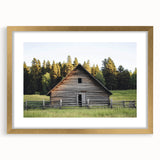 Landscape barn frame with a gold mat, showcasing a rustic design ideal for farmhouse decor. The frame's elegant finish enhances the artwork, perfect for interior styling.