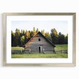 Landscape barn frame with a silver mat, showcasing a scenic artwork. The frame features a classic design, perfect for enhancing home decor with rustic charm.