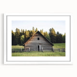 Landscape barn frame with a white mat, showcasing a vibrant artwork scene featuring a rustic barn surrounded by lush greenery and a blue sky. Perfect for home decor.