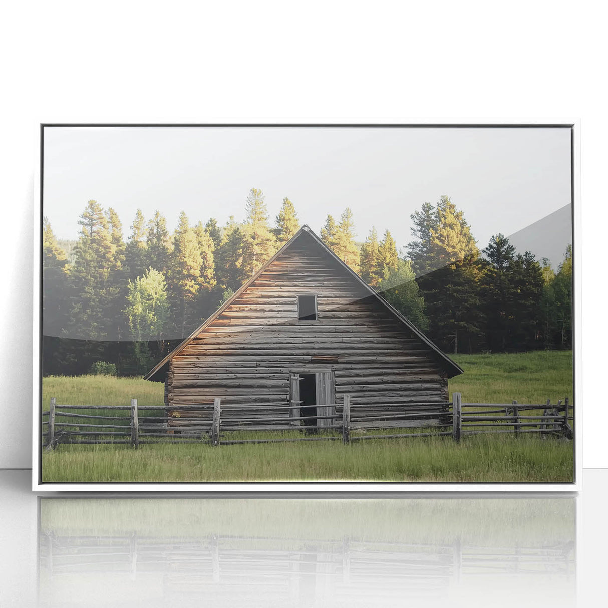 Framed acrylic wall art depicting a serene landscape with a rustic barn, featuring vibrant colors and intricate details, perfect for home décor.