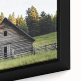 Close-up of a textured barn landscape canvas print showcasing vibrant greens and earthy tones, framed elegantly to enhance any rustic decor. Perfect for home or office.