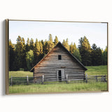 Landscape barn-themed canvas print framed in gold, showcasing a rustic countryside scene with vibrant colors and intricate details, perfect for home decor.