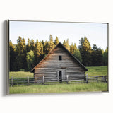 Landscape canvas artwork of a barn framed in a silver frame, showcasing rustic charm and natural colors, ideal for home decor or farmhouse themes.