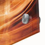 Close-up of a vibrant acrylic landscape print showcasing colorful canyons, featuring intricate textures and details on glass, ideal for modern home decor.