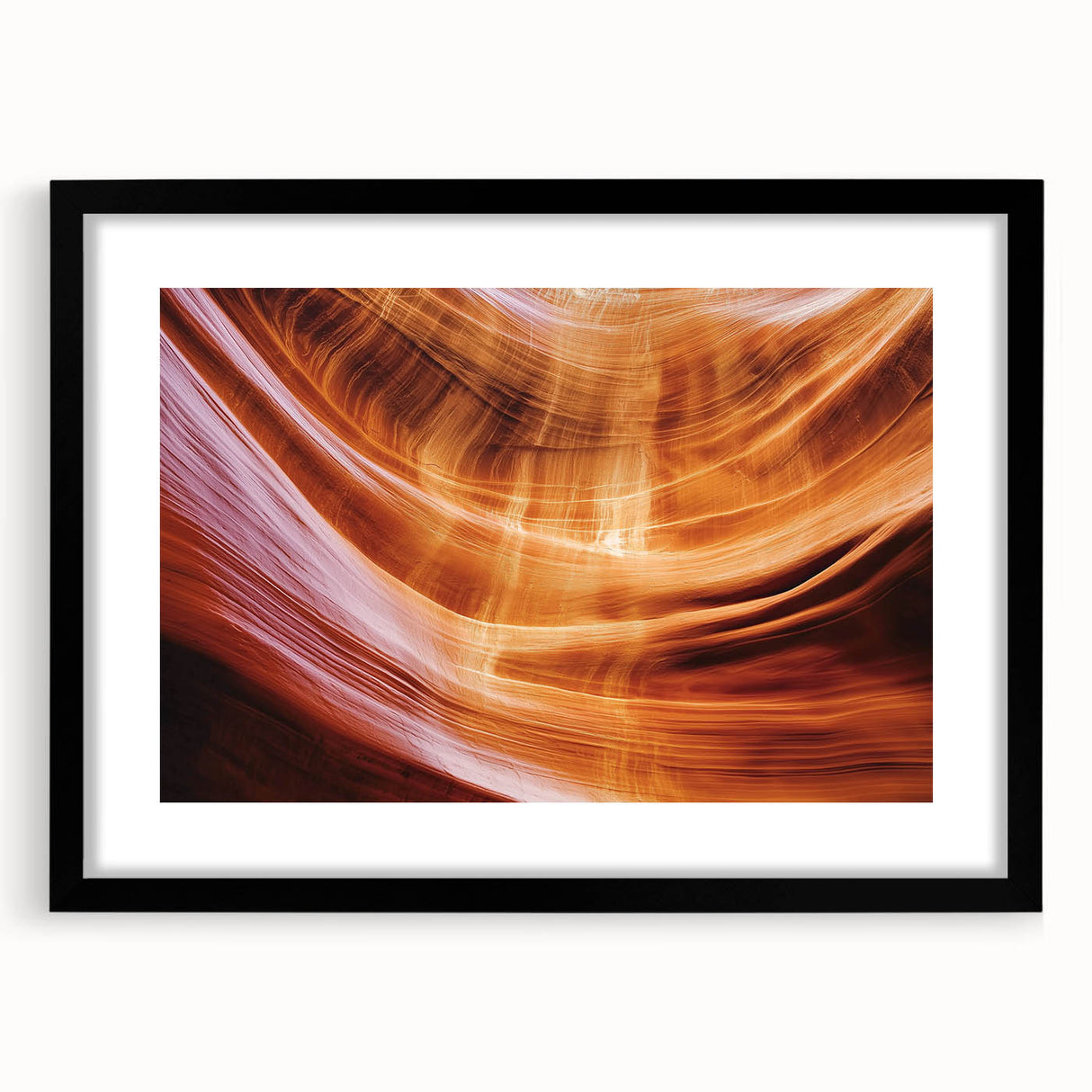 Framed landscape artwork depicting vibrant canyons, with a sleek black mat and frame. Ideal for home decor, adding a touch of nature and elegance. Perfect for art enthusiasts and interior designers seeking to enhance living spaces with stunning visuals.