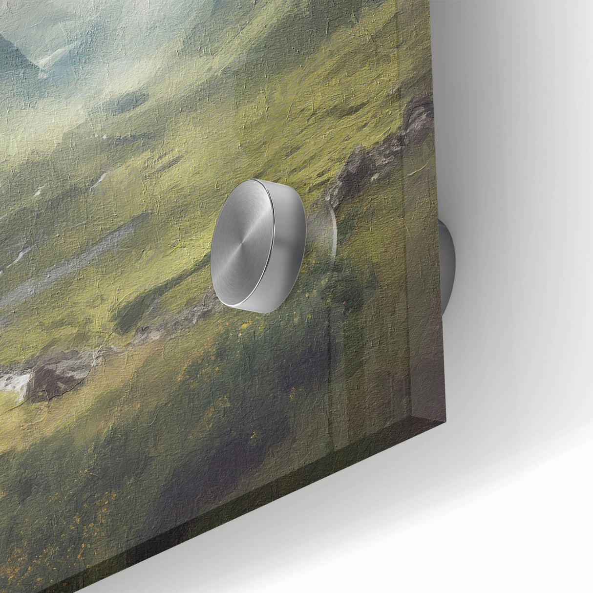 Close-up of vibrant landscape wall art showcasing a serene countryside scene, featuring lush green fields and a bright blue sky, printed on high-quality acrylic glass.