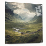 Landscape wall art depicting a serene countryside scene, showcasing vibrant greens and blues against a clear sky, displayed in a sleek acrylic frame with pins.