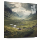 Landscape wall art depicting a serene countryside scene, showcasing vibrant green fields and a clear blue sky, framed in acrylic glass for a modern touch.