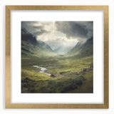 Framed landscape wall art depicting a serene countryside scene, featuring a gold mat and frame, ideal for enhancing home decor with a touch of elegance.