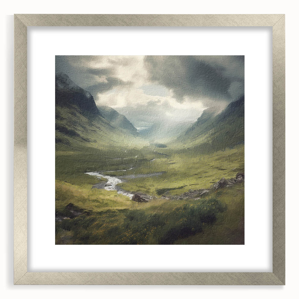 Landscape wall art featuring a serene countryside scene, framed in silver with a mat, perfect for adding a touch of elegance to home decor.