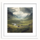 Landscape wall art depicting a serene countryside scene, framed with a white mat. The artwork features lush green fields under a bright blue sky, perfect for home decor.