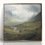 Framed wall art showcasing a serene countryside landscape with vibrant greenery and a golden acrylic frame, ideal for home decor in rustic or modern settings.