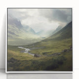 Framed acrylic wall art depicting a serene landscape of rolling hills and a vibrant sunset, showcasing soft pastels and rich greens, ideal for home decor.