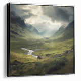 Framed canvas wall art showcasing a serene countryside landscape, featuring lush green fields and a clear blue sky, with a sleek black frame for a modern touch. Perfect for home decor accentuating nature themes.