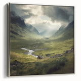 Framed landscape wall art depicting a serene countryside scene with vibrant green fields and a clear blue sky, featuring a sleek silver frame, ideal for home decor.