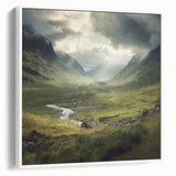 Framed canvas wall art depicting a serene countryside landscape with lush greenery and a clear sky, shown in a white frame highlighting its vibrant colors.