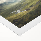 Landscape wall art canvas print showcasing a serene countryside scene with vibrant green fields and a clear blue sky, rolled and ready for display in home decor.