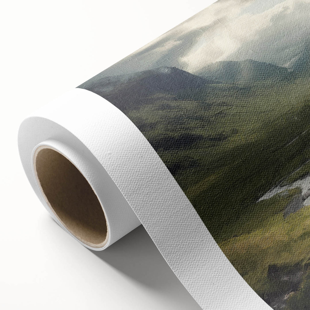 Landscape wall art on rolled canvas depicting a serene countryside scene with vibrant green fields and a blue sky, elegantly packaged for easy display.