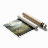 Landscape wall art print depicting a serene countryside scene with rolling hills and a vibrant sky, rolled and packaged in a protective cardboard tube for easy shipping.