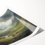 Landscape wall art print showcasing a serene countryside scene with rolling hills and a blue sky, rolled and ready for framing, perfect for home decor.