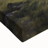 Close-up of a vibrant countryside landscape wall art on stretched canvas, showcasing lush green fields, soft blue skies, and textured details for a serene home decor accent.