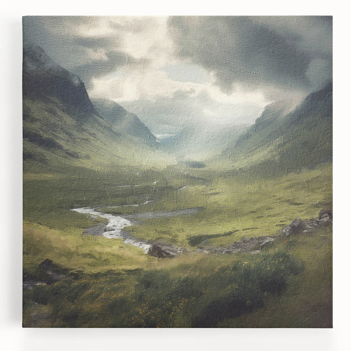 Landscape canvas wall art depicting a serene countryside scene with rolling hills, vibrant green fields, and a clear blue sky, perfect for home decor.