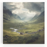 Landscape canvas wall art depicting a serene countryside scene with rolling hills, vibrant green fields, and a clear blue sky, perfect for home decor.