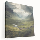 Stretched canvas wall art showcasing a serene countryside landscape with vibrant greens and soft blue skies, ideal for enhancing home decor.