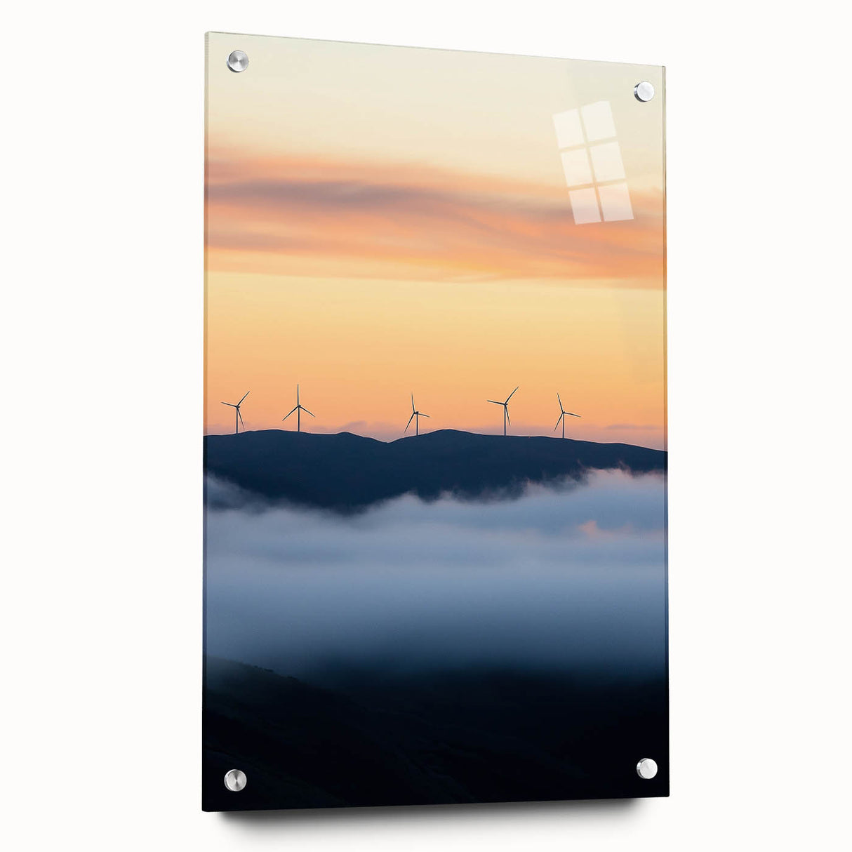 Vibrant acrylic landscape artwork depicting a serene countryside scene, displayed in a glass frame with decorative pins, ideal for enhancing home decor.