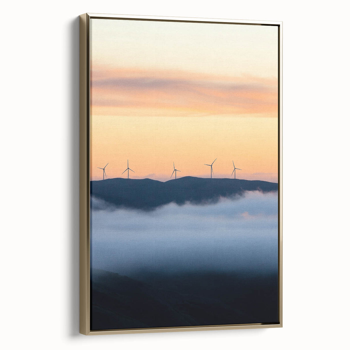 Framed canvas artwork depicting a serene countryside landscape with vibrant colors, set in a gold frame, showcasing a tranquil rural scene perfect for home decor.