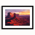 Framed desert landscape artwork with a black mat, showcasing vibrant colors and intricate details, ideal for home decor and art enthusiasts. The front view highlights the framing style, making it a perfect addition to any modern interior.