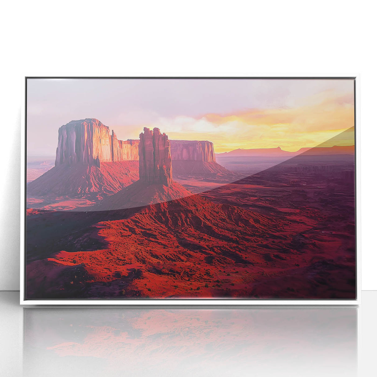 Framed acrylic artwork showcasing a vibrant desert landscape with warm hues of orange and yellow, set against a sleek white frame, ideal for modern home decor.