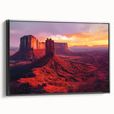 Framed canvas artwork depicting a stunning desert landscape with vibrant colors, showcasing a black frame that adds elegance. Perfect for enhancing home decor.