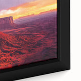 Close-up of a framed desert landscape canvas print showcasing vibrant colors and intricate details, ideal for home decor or art enthusiasts, emphasizing natural beauty and serenity.