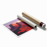 Desert landscape rolled canvas print showcasing vibrant warm tones and intricate textures, elegantly packaged in a protective cardboard tube, ideal for home decor.