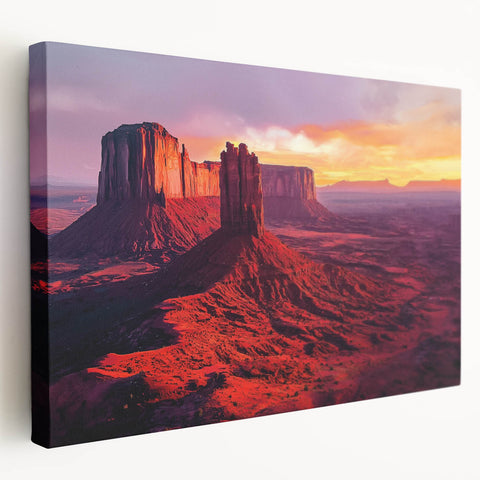 Desert landscape stretched canvas artwork showcasing vibrant orange and yellow hues, depicting a serene sunset over sand dunes, ideal for modern home decor.