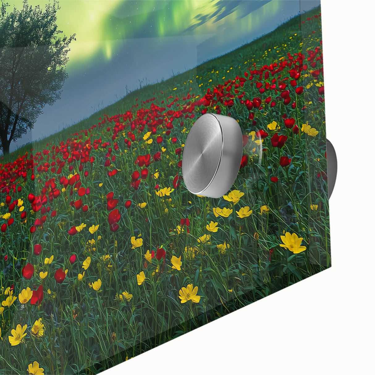 Close-up of a vibrant acrylic landscape artwork showcasing lush green fields under a bright blue sky, emphasizing rich colors and intricate details for home decor.