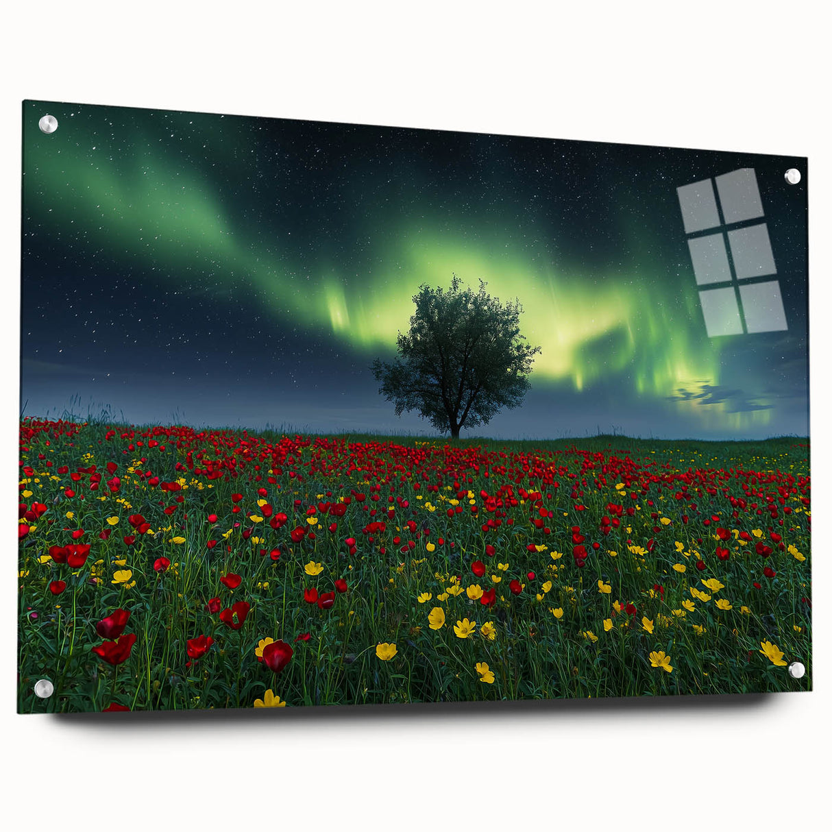 Acrylic glass artwork showcasing a vibrant landscape field design, displayed in a side view with decorative pins, enhancing the visual appeal of modern home decor.