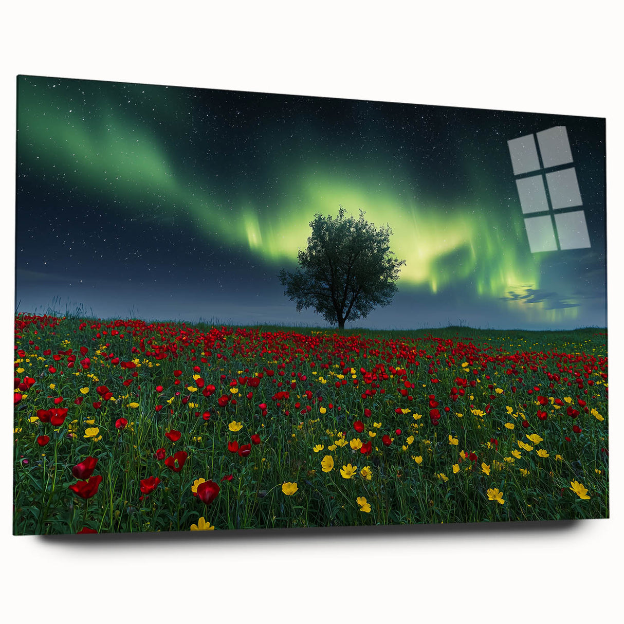 Acrylic glass artwork showcasing a vibrant landscape with rolling green fields and a serene sky, viewed from the side without pins, perfect for home decor.