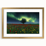 Gold-framed landscape artwork displaying vibrant green fields under a clear blue sky with a white mat border, ideal for home decor or gallery display.