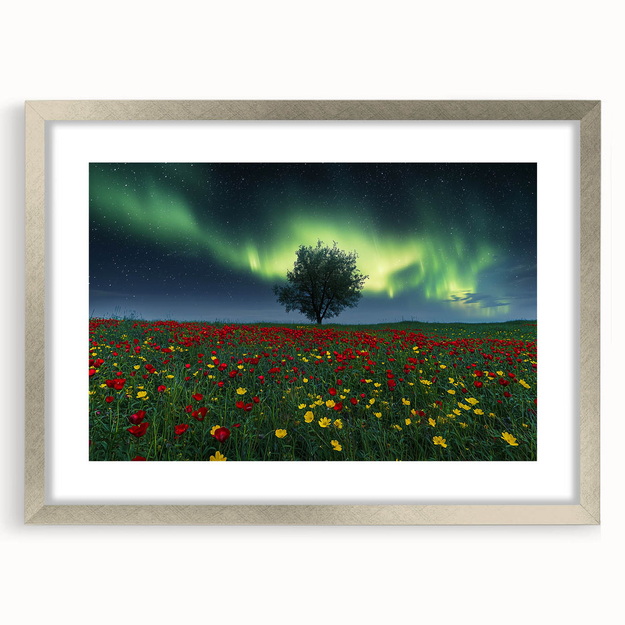 Silver-framed landscape artwork of vibrant fields, featuring a mat for added depth, elegantly displayed in a front view to highlight the serene colors and details.