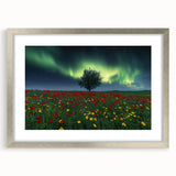 Silver-framed landscape artwork of vibrant fields, featuring a mat for added depth, elegantly displayed in a front view to highlight the serene colors and details.