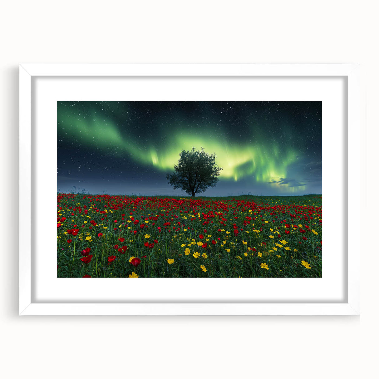 Framed landscape artwork in a white mat, showcasing vibrant green fields under a blue sky, perfect for enhancing living spaces with nature-inspired decor.