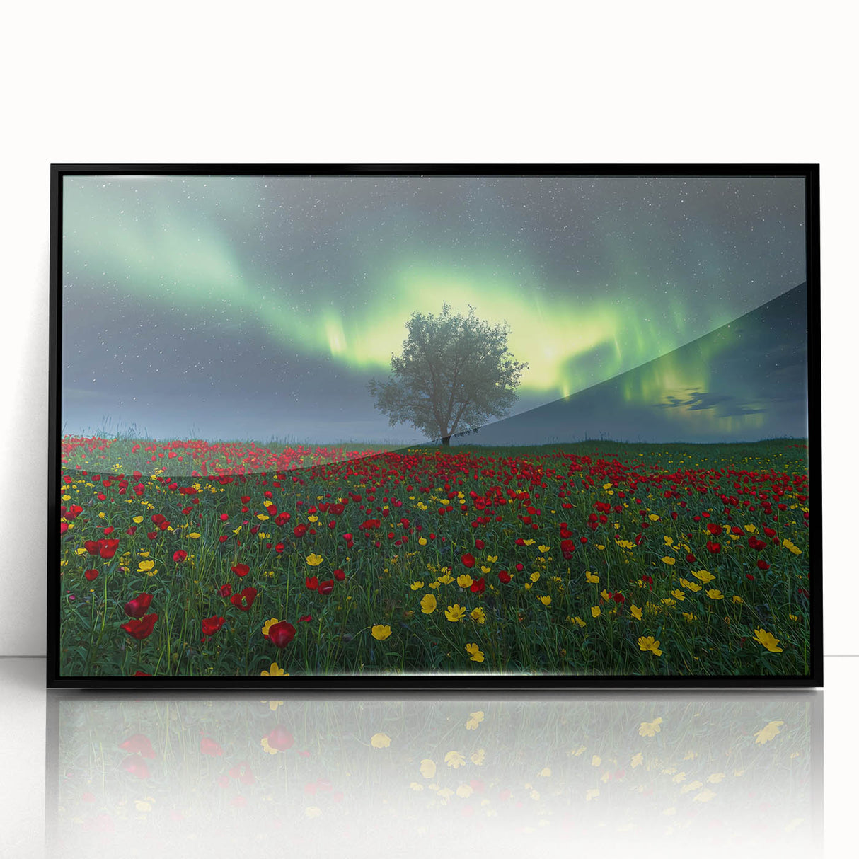 Framed acrylic artwork showcasing a serene landscape of lush green fields under a clear blue sky, featuring a sleek black frame for modern decor. Perfect for adding a touch of nature-inspired elegance to any living space or office.