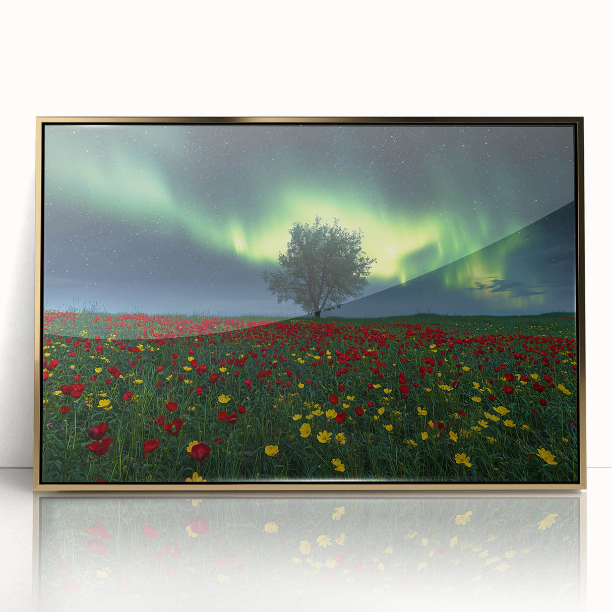 Framed acrylic artwork showcasing a vibrant landscape with golden accents, perfect for home decor. Ideal for adding warmth and elegance to any space.
